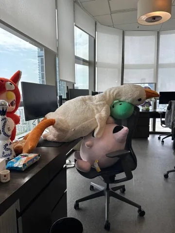 A giant goose plushie sprawled across a desk at the tread.fi office